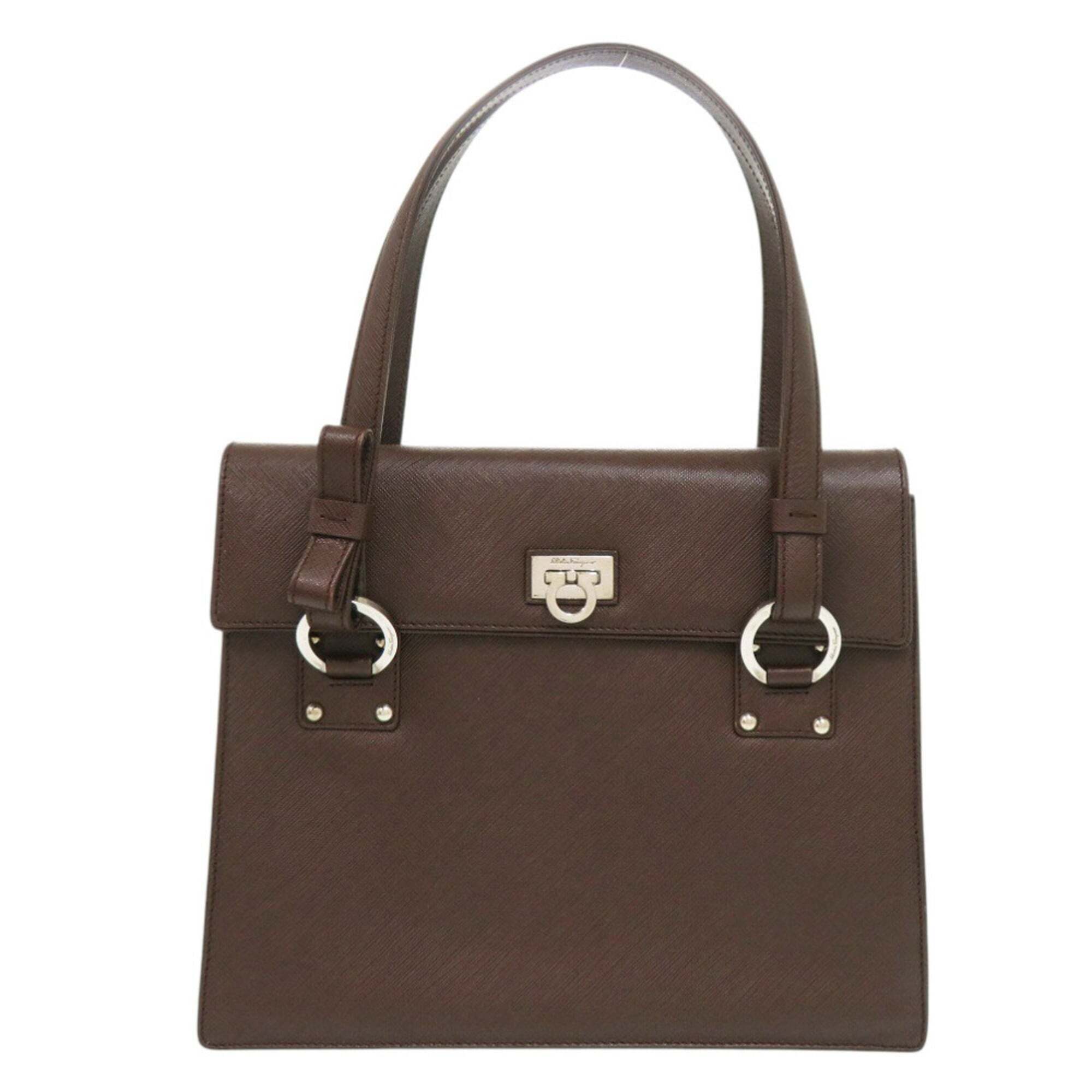 Salvatore Ferragamo Gancini Ribbon Leather Brown Handbag 0679